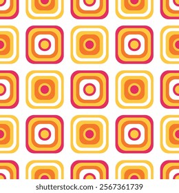 Retro geometric pattern with concentric circles and squares in warm tones, design inspired by the 70s for decoration or graphic projects