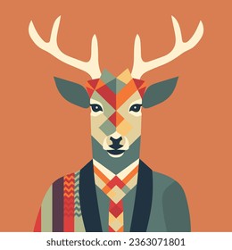 Retro Geometric Pattern Deer Flat Illustration, Vector Art