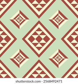 A retro geometric pattern featuring diamond shapes with earthy red, beige, and green tones. Perfect for vintage-inspired designs, wallpapers, and textiles.