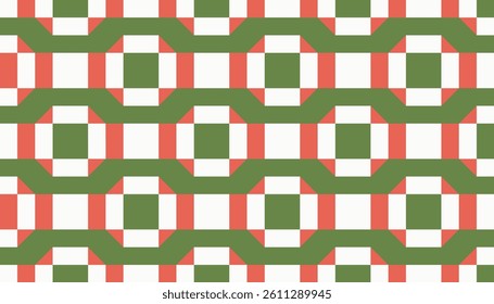 Retro geometric pattern with octagonal and stripe shapes in green, coral red, and white. Seamless tile design suitable for fabric, wrapping paper, and background
