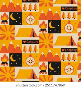 Padrão geométrico retrô sobre o tema de acampar com uma tenda, montanhas, sol, bússola, fogueira no estilo plano.