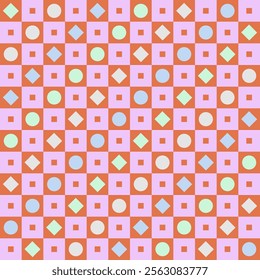 Retro geometric pattern in pastel colors. Seamless shapes of circles, squares and rhombuses. Endless flat vector design.