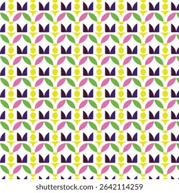 Retro Geometric Pattern with Pink, Green, Yellow, and Purple Shapes on White