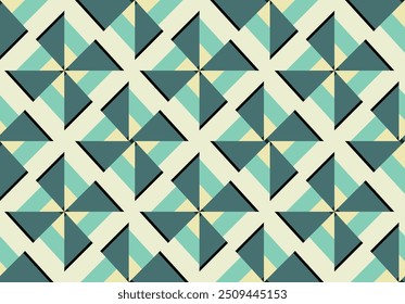 Retro geometric pattern with triangles and stripes in teal, cream, and yellow. Perfect for vintage-inspired designs, wallpapers, and fabric prints