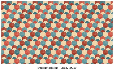 Retro geometric pattern, vintage colors, isometric cubes, seamless design, textured background, nostalgic feel.