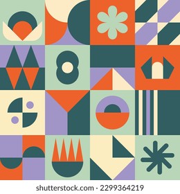 Retro geometric pop collage artwork. Orange and green bauhaus style square cover design vector