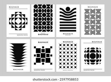 Retro geometric poster. Bauhaus pattern. Vintage black and white abstract shapes, textures, lines. Memphis design. Minimal design composition. Trendy background. Vector banners.