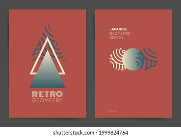 Retro Geometric Poster Design Template Set. Das Beste für Poster, Web-Kunst, Broschüre, Buchumschlag. Kreative rote Vorlagen mit geometrischen Dreiecken und Kreiselementen und abstrakten Wellen. Vektorhintergrund. 