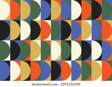 Retro Geometric round shapes seamless pattern design in bold orange and blue colors vector