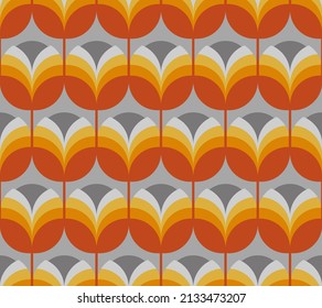 Retro Geometric Scandinavian Floral Design. Seamless Decorative Pattern With Mid Century Modern Style Flowers.