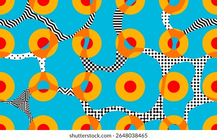 Retro geometric seamless pattern background, vector abstract circle, spots and square lines art. Retro colors, trendy bauhaus style pattern background