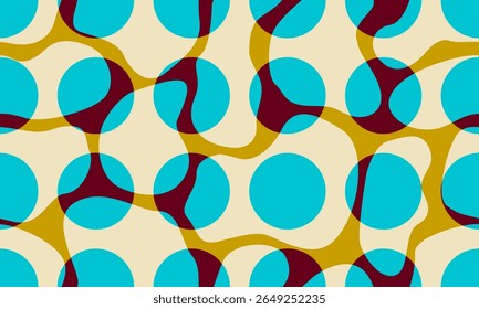 Retro geometric seamless pattern background, vector abstract circle, spots and square lines art. Retro colors, trendy bauhaus style pattern background