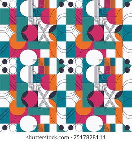 Retro geometric seamless pattern with circles, rectangles and lines in bright vibrant colors