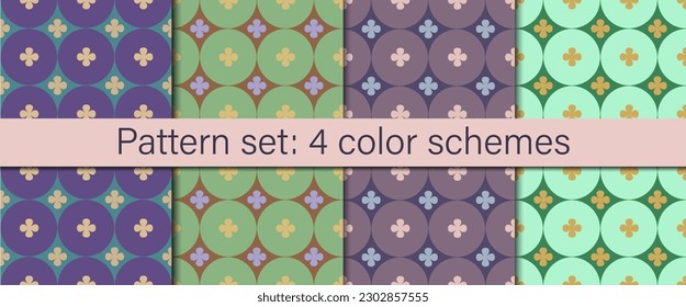 Retro geometric seamless pattern collection in different color variations. Tileable surface design for decoration in oriental style.