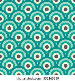 Retro geometric seamless pattern with green and yellow circles and waves, fish scale. Vector illustration for background, wrapping paper, fabric and textile print, wallpaper, package, greeting card.