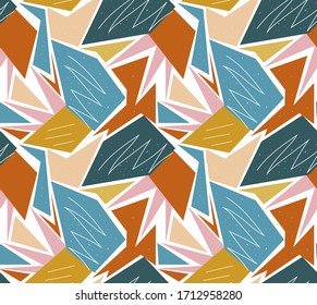 Retro geometric seamless pattern. Trendy palm leaf endless background, repeating texture. Vector illustration.
