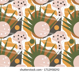 Retro geometric seamless pattern. Trendy palm leaf endless background, repeating texture. Vector illustration.