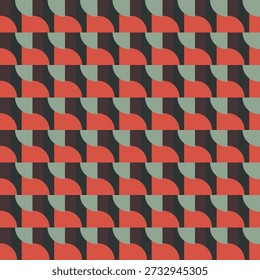 Retro geometric semi-circle grid for textile prints for fabric, seamless pattern in red and muted green tones with modern abstract design