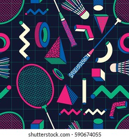 Retro Geometric Shape, Badminton Racket and Shuttlecock in Memphis Design Style Seamless Pattern. Background Wallpaper