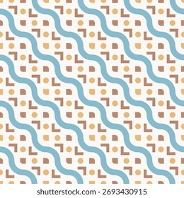 Retro Geometric Shape Seamless Pattern with Wavy Line on White Background