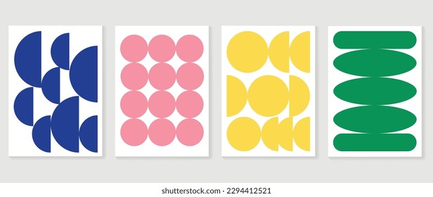 Retro geometric shapes cover background. Set of contemporary art wall decoration with circle dot pattern. Geometric posters in trendy illustrated design for cover, banner, print, interior, fabric.