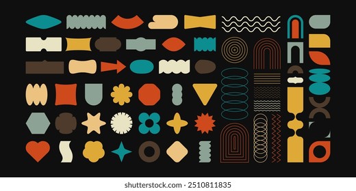 Retro geometric shapes. Modern 70s 80s minimal basic bold figures, funky contemporary primitive forms with retrofuturistic groovy vibe. Vector set.