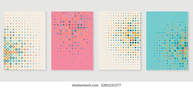 Retro geometric shapes wall art background. Set of contemporary art wall decoration with sparkle, circle dot pattern. Geometric posters in trendy illustrated design for cover, banner, print, interior.