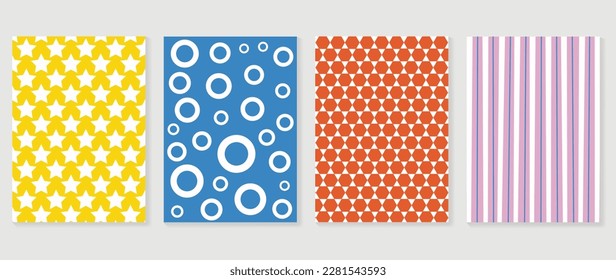 Retro geometric shapes wall art background. Set of contemporary art wall decoration with star, circle dot pattern. Geometric posters in trendy illustrated design for cover, banner, print, interior.