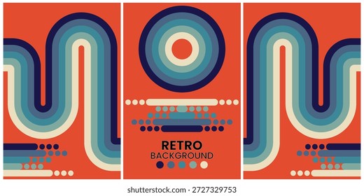 Formas geométricas retro en tonos cálidos sobre fondo negro Tríptico
