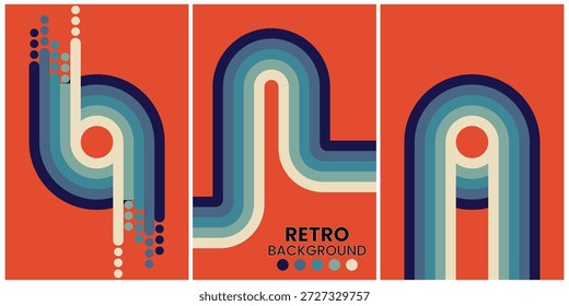 Formas geométricas retro en tonos cálidos sobre fondo negro Tríptico