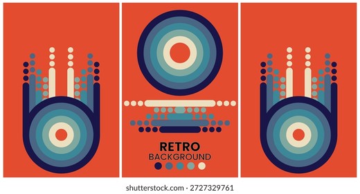Formas geométricas retro en tonos cálidos sobre fondo negro Tríptico