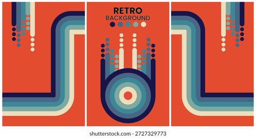 Formas geométricas retro en tonos cálidos sobre fondo negro Tríptico