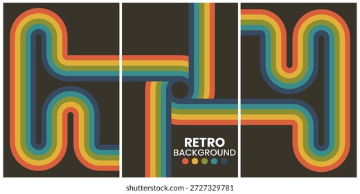 Formas geométricas retro en tonos cálidos sobre fondo negro Tríptico
