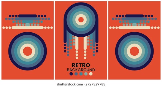 Formas geométricas retro en tonos cálidos sobre fondo negro Tríptico