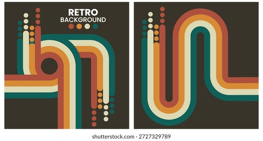 Formas geométricas retro en tonos cálidos sobre fondo negro Tríptico