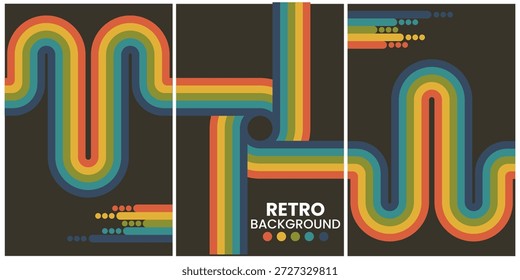 Formas geométricas retro en tonos cálidos sobre fondo negro Tríptico