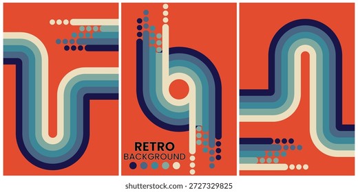 Formas geométricas retro en tonos cálidos sobre fondo negro Tríptico