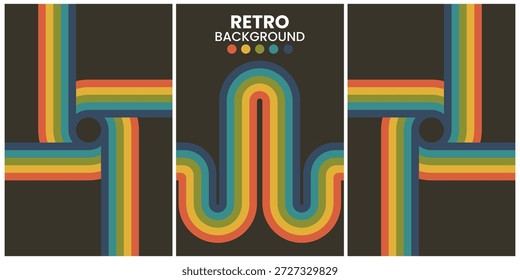 Formas geométricas retro en tonos cálidos sobre fondo negro Tríptico