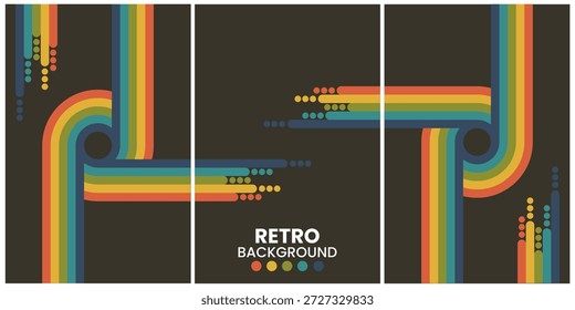 Formas geométricas retro en tonos cálidos sobre fondo negro Tríptico