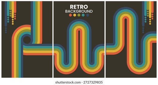 Formas geométricas retro en tonos cálidos sobre fondo negro Tríptico