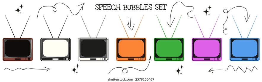 Retro Geometric Speech Bubbles collection isolated white. Set of Talk clouds in shape of vintage tv. Vector illustration for social media design. EPS 10	