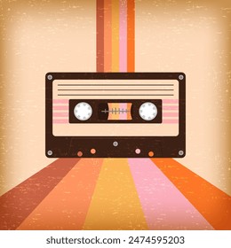 Retro geometric striped background in 70s 80s style with grunge texture. Music vintage poster with audio cassette template.
