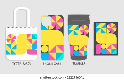 Retro geometric style Textile tote bag mockup.Bauhaus forms. design for cloth, clothes, phone case, tumbler. 