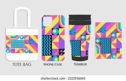 Retro geometric style Textile tote bag mockup.Bauhaus forms. design for cloth, clothes, phone case, tumbler. 