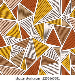 Retro geometric triangle pattern. Hand drawn lines. Yellow, Chocolate, Brown, White tones.Textile pattern design