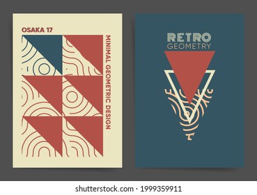 Retro Geometric Triangle Poster Design Template Set. Best for poster, web art, brochure, book cover. Simple modern templates with geometric shapes elements and abstract waves. Vector wavy lines print 