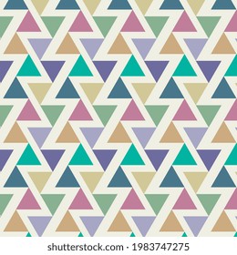 Retro geometric triangle seamless pattern.  Beautiful vintage surface background. Mid-century colorful textured ornaments backdrop with repeating stripes. Vector illustration for wrapping paper.