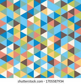 Retro geometric triangle seamless repeating background pattern in vector format. Mosaic of muted blue, green and oranges