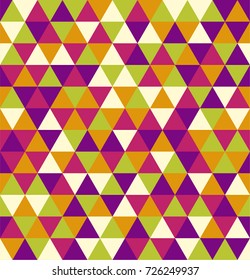 Retro geometric triangle seamless repeating background pattern in vector format. Mosaic of purples, green, white, and brown colors.