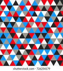 Retro geometric triangle seamless repeating background pattern in vector format. Mosaic of patriotic colors red white and blue and gray